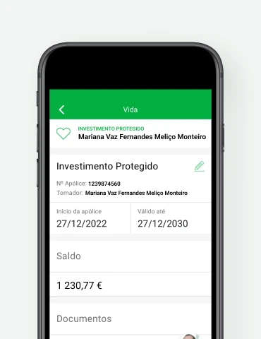ecrã app Tranquilidade informação sobre os produtos financeiros de investimento